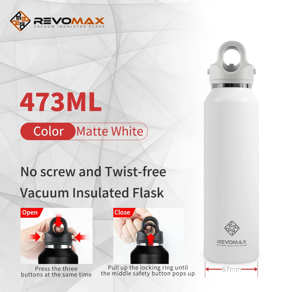 RevoMax Large Capacity Stainless Steel Thermos Portable Vacuum Flask Insulated Tumbler Twist-Free/No-Screw Thermo Bottle for Tra Clickngo24