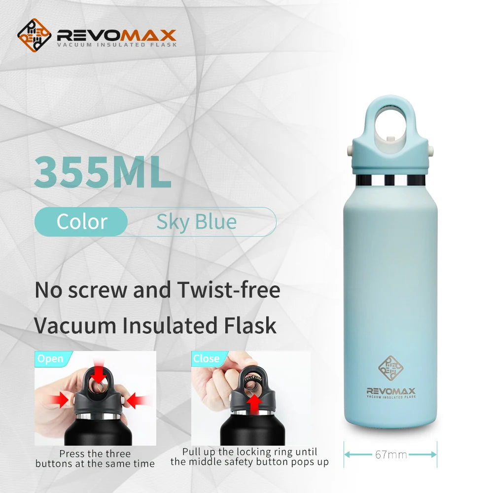 RevoMax Large Capacity Stainless Steel Thermos Portable Vacuum Flask Insulated Tumbler Twist-Free/No-Screw Thermo Bottle for Tra Clickngo24