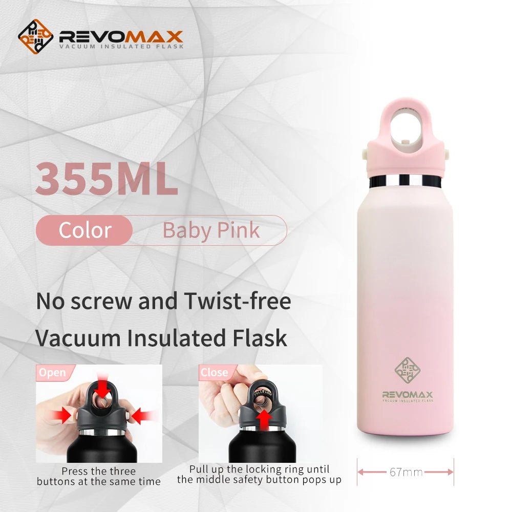 RevoMax Large Capacity Stainless Steel Thermos Portable Vacuum Flask Insulated Tumbler Twist-Free/No-Screw Thermo Bottle for Tra Clickngo24