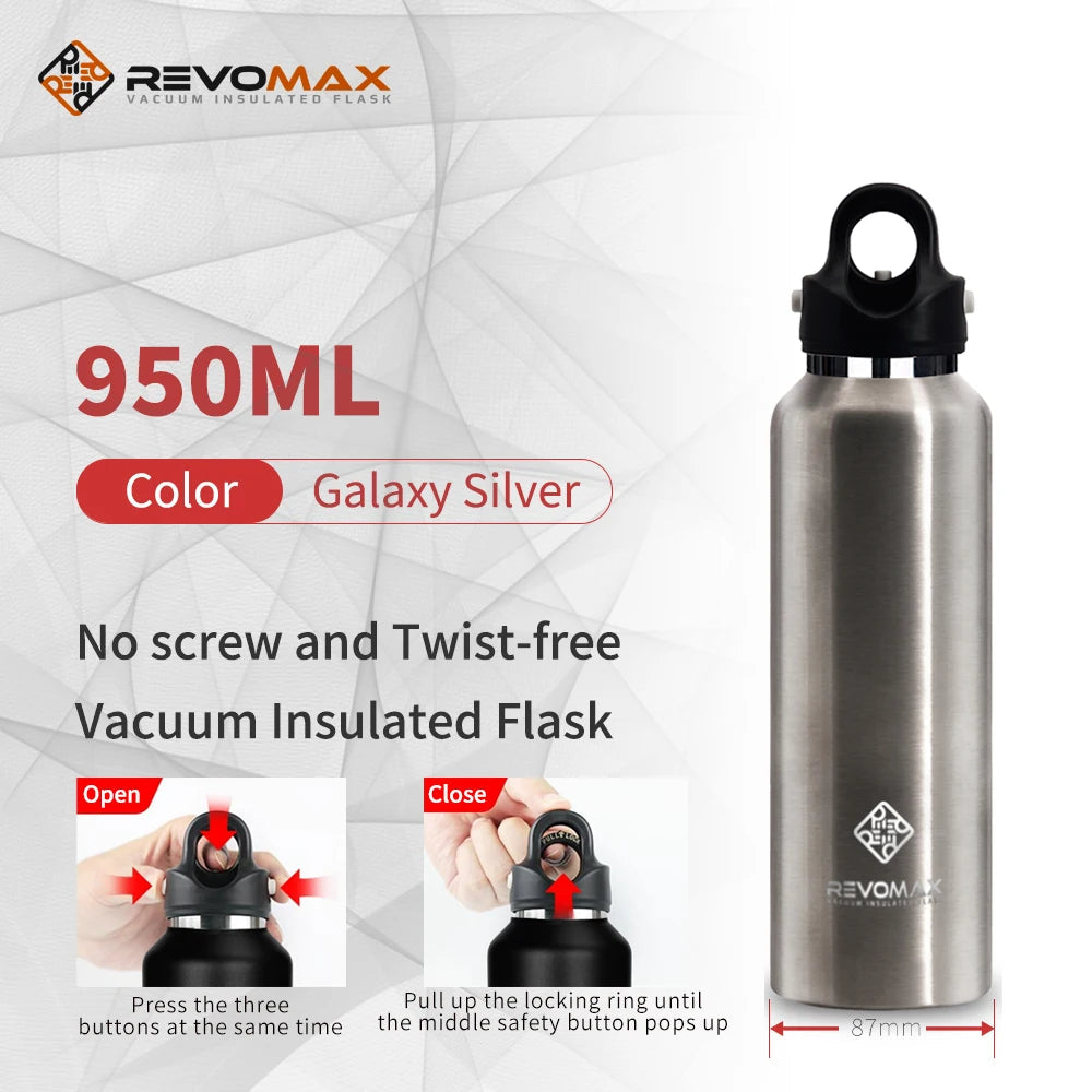 RevoMax Large Capacity Stainless Steel Thermos Portable Vacuum Flask Insulated Tumbler Twist-Free/No-Screw Thermo Bottle for Tra Clickngo24