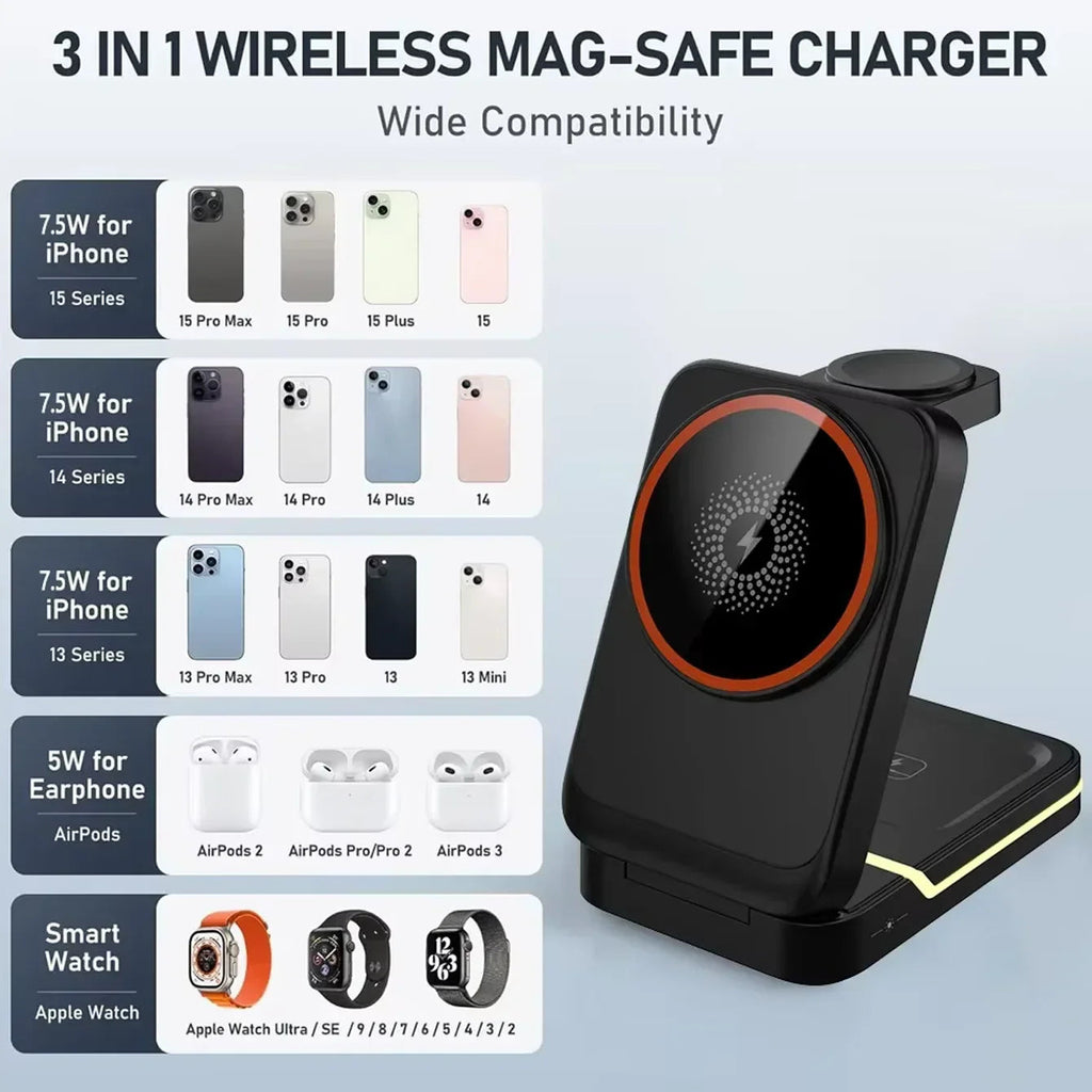 3 in 1 Magnetic Foldable Wireless Charger Stand for Magsafe iPhone 16/15/14/13/12 pro Apple Watch 2-9 SE Airpods pro - Travel Fast Charging Base Clickngo24