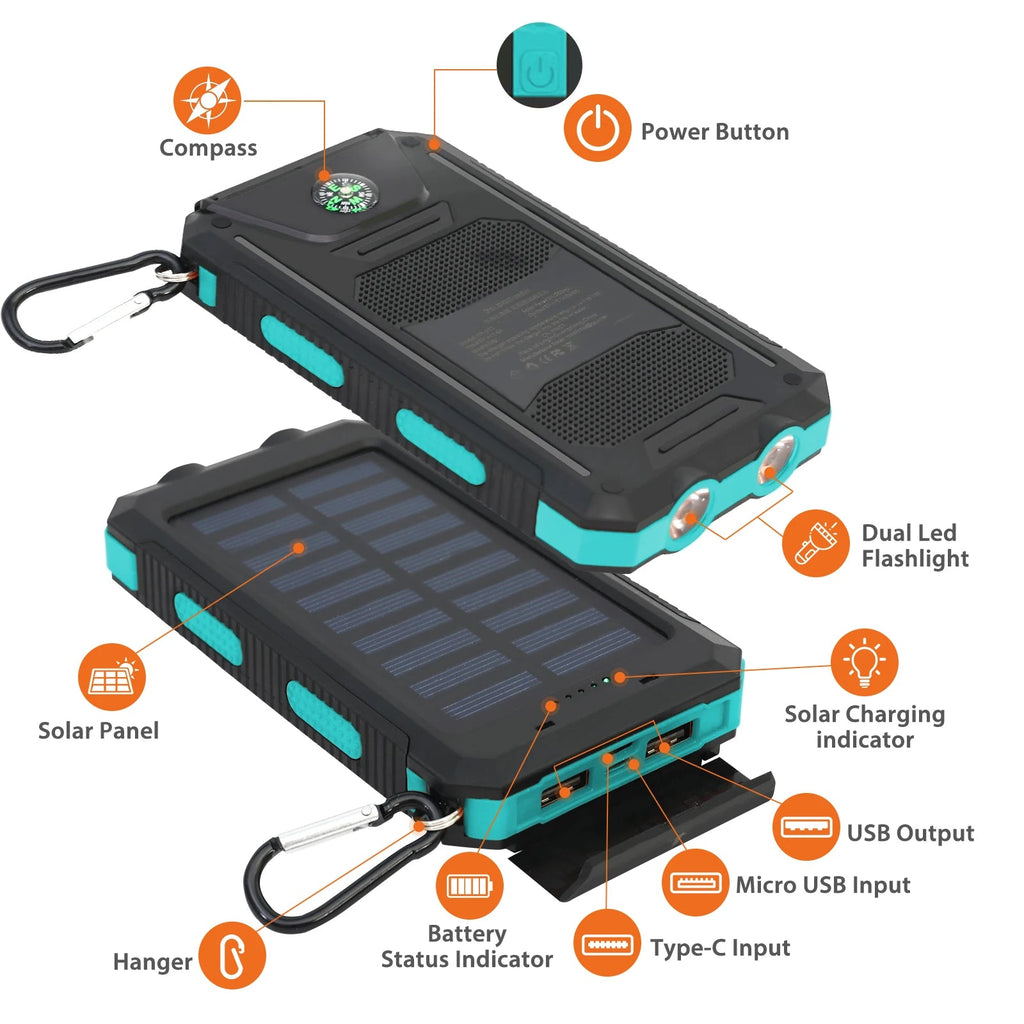 20000mAh Solar Charger for Outdoor Camping Waterproof Portable Power Bank with Dual 5V USB Ports LED Flashlight And Compass Clickngo24