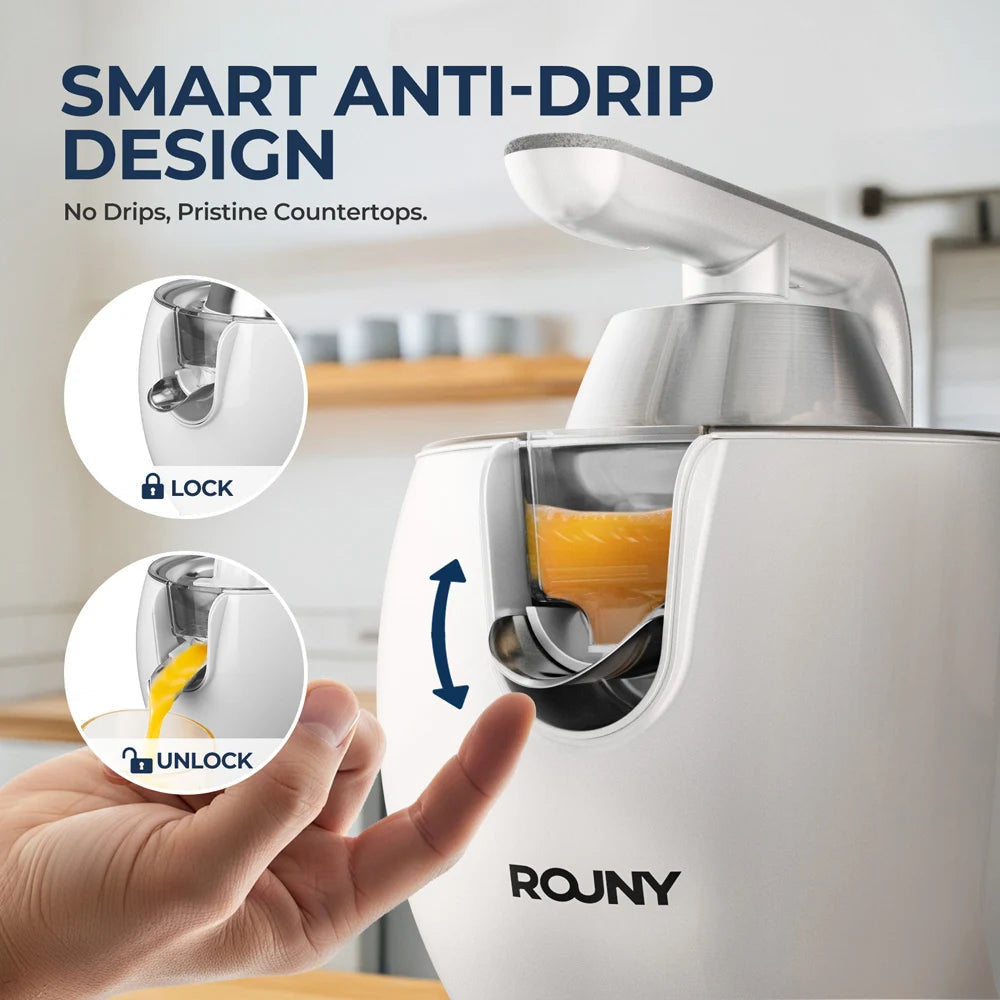 ROUNY 850W Electric Citrus Juicer Stainless Steel Orange Lemon Press Juicer White Spaceship Design with Automatic Pulp Ejection Clickngo24