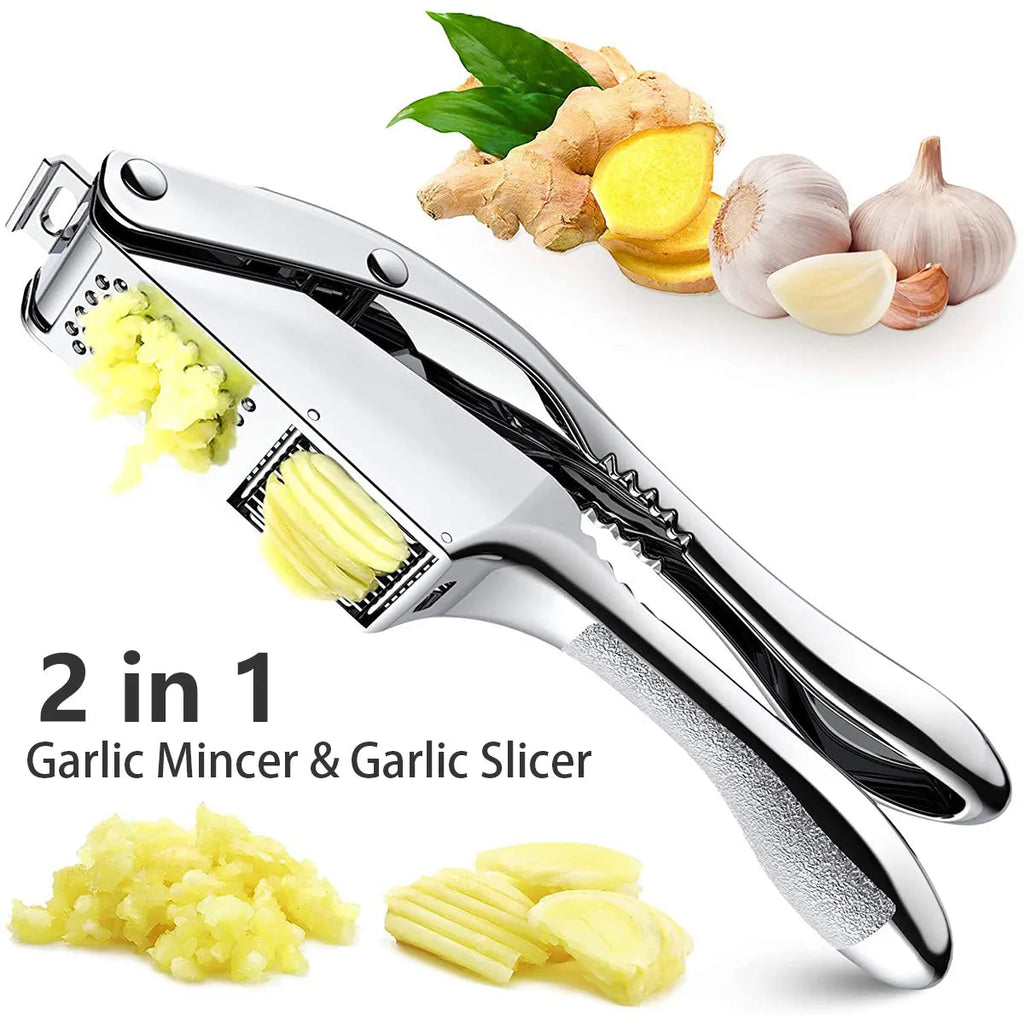 New Garlic Press Stainless Steel 2 in 1 Garlic Slicer Clickngo24