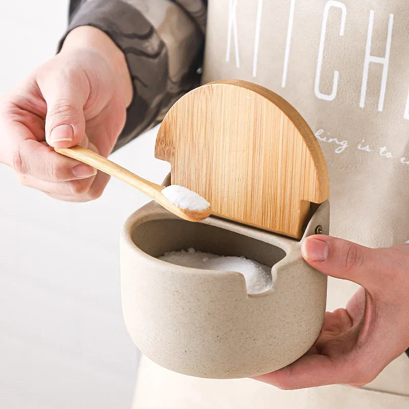 Japanese Style Ceramic Seasoning Jar with Bamboo Lid And Spoon Eco-Friendly Spice Storage Box Kitchen Sugar Salt Container Clickngo24