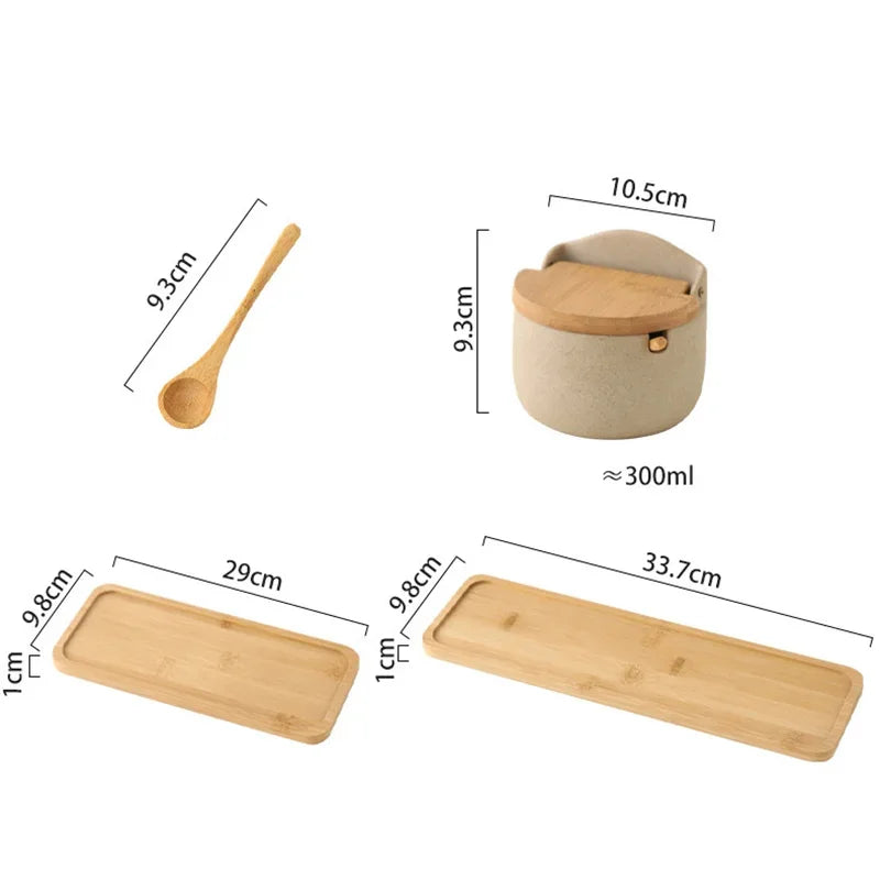 Japanese Style Ceramic Seasoning Jar with Bamboo Lid And Spoon Eco-Friendly Spice Storage Box Kitchen Sugar Salt Container Clickngo24