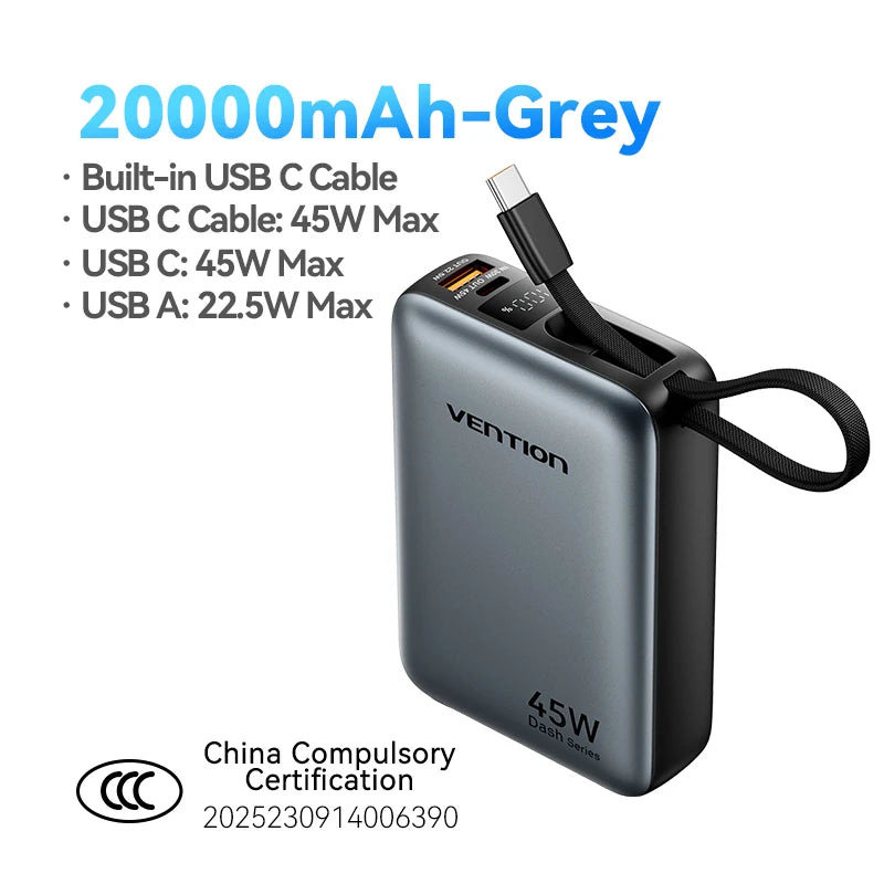 Vention CCC 45W 20000mAh Fast Charging Power Bank Portable Charger for iPhone pro Max Samsung Galaxy with Dual Quick Charge Clickngo24