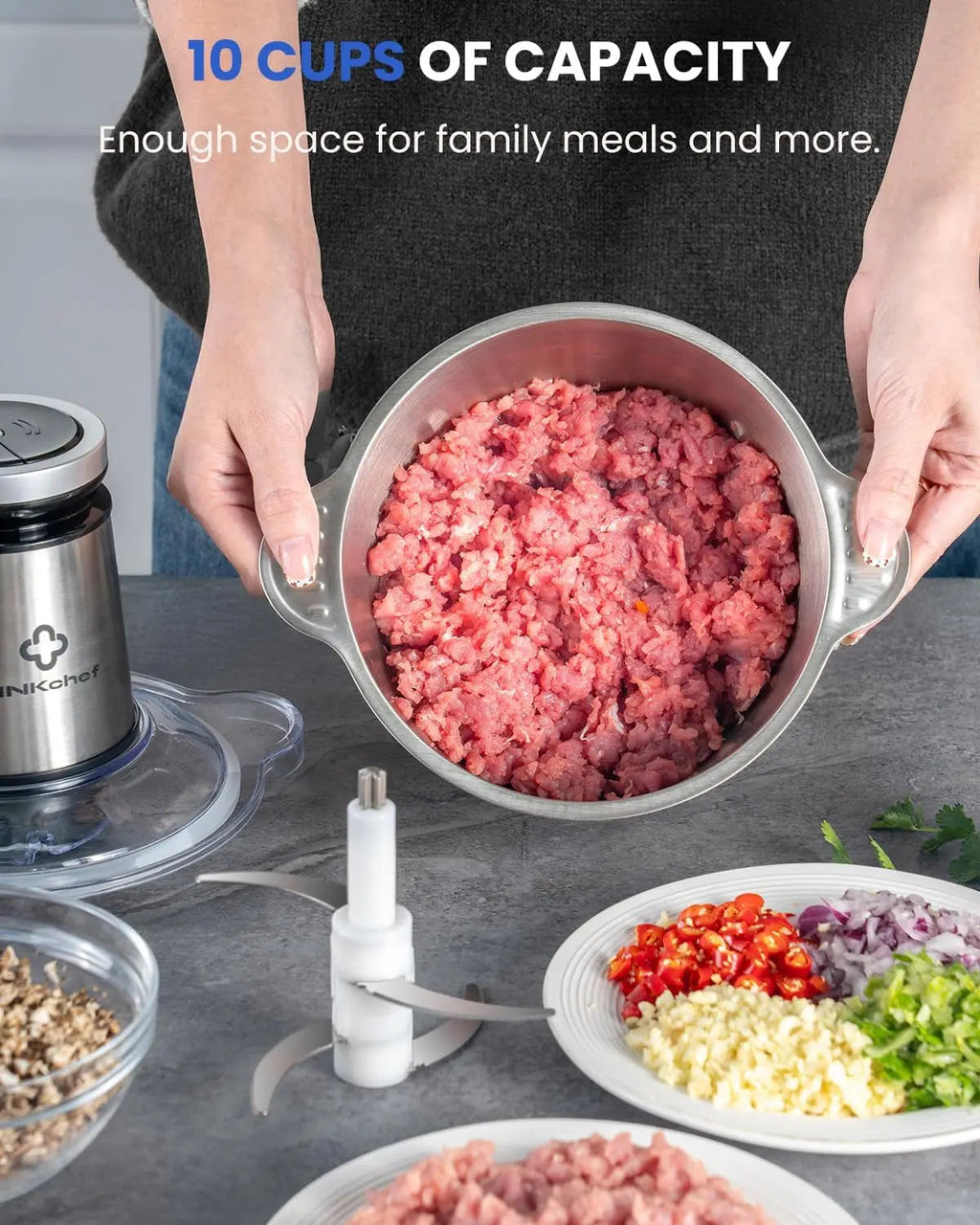 10 Cup Electric Food Processor Chopper 600W Meat Grinder Mini Stainless Steel for Home Use with Container Clickngo24
