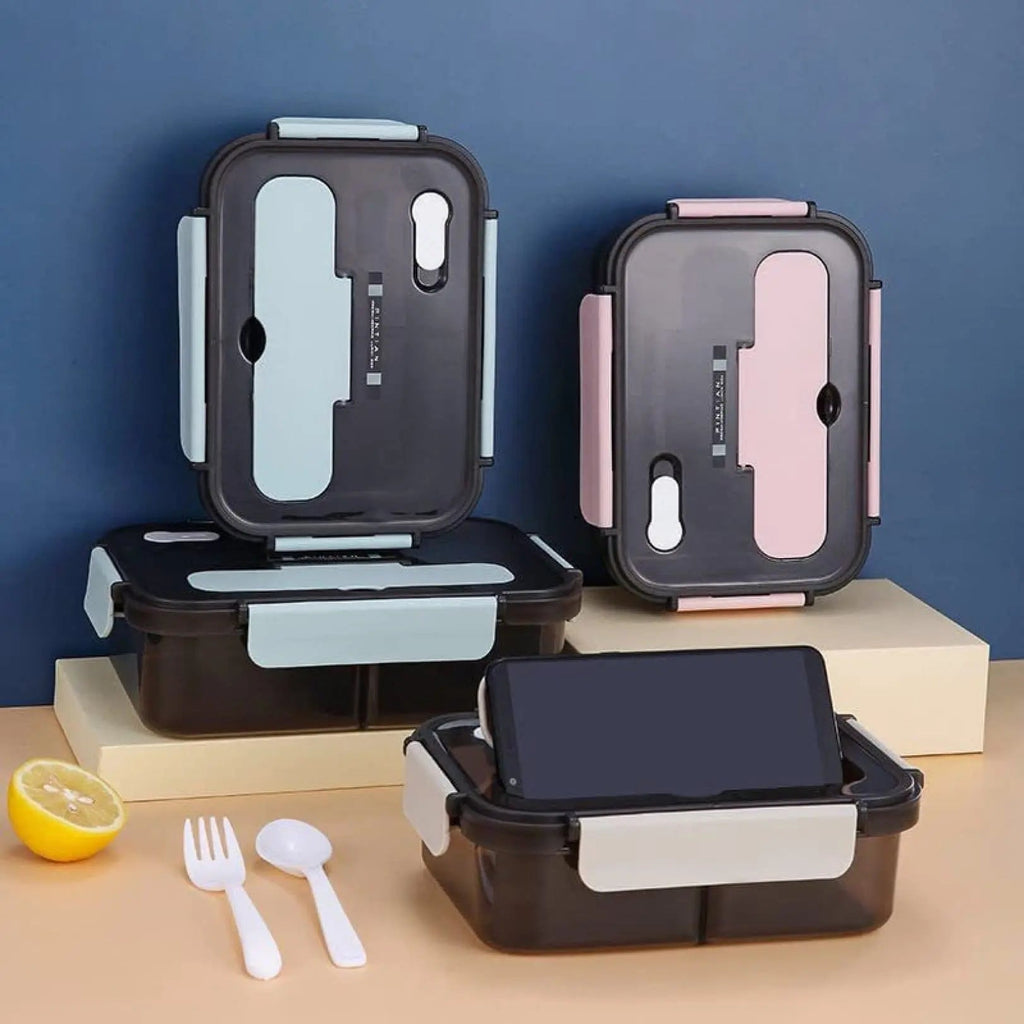 1500ml Portable Three Grid Lunch Box With Fork And Spoon Kids Students Adult Office Bento Box Microwave Food Storage Container Clickngo24