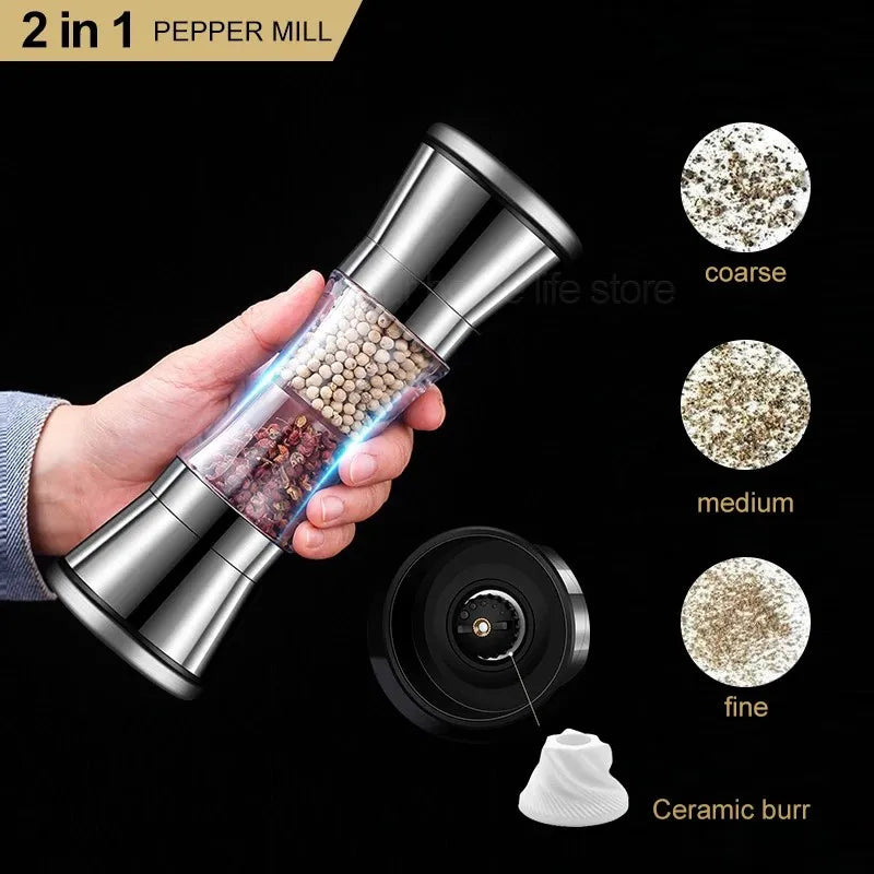 Stainless Steel Double-head Pepper Grinder Two-in-one Manual Kitchen Gadgets for Sea Salt Spice Grinding Clickngo24
