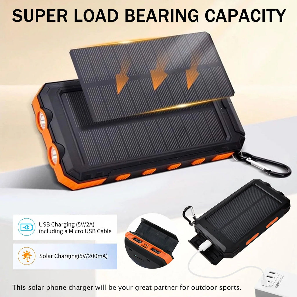 20000mAh Solar Charger for Outdoor Camping Waterproof Portable Power Bank with Dual 5V USB Ports LED Flashlight And Compass Clickngo24