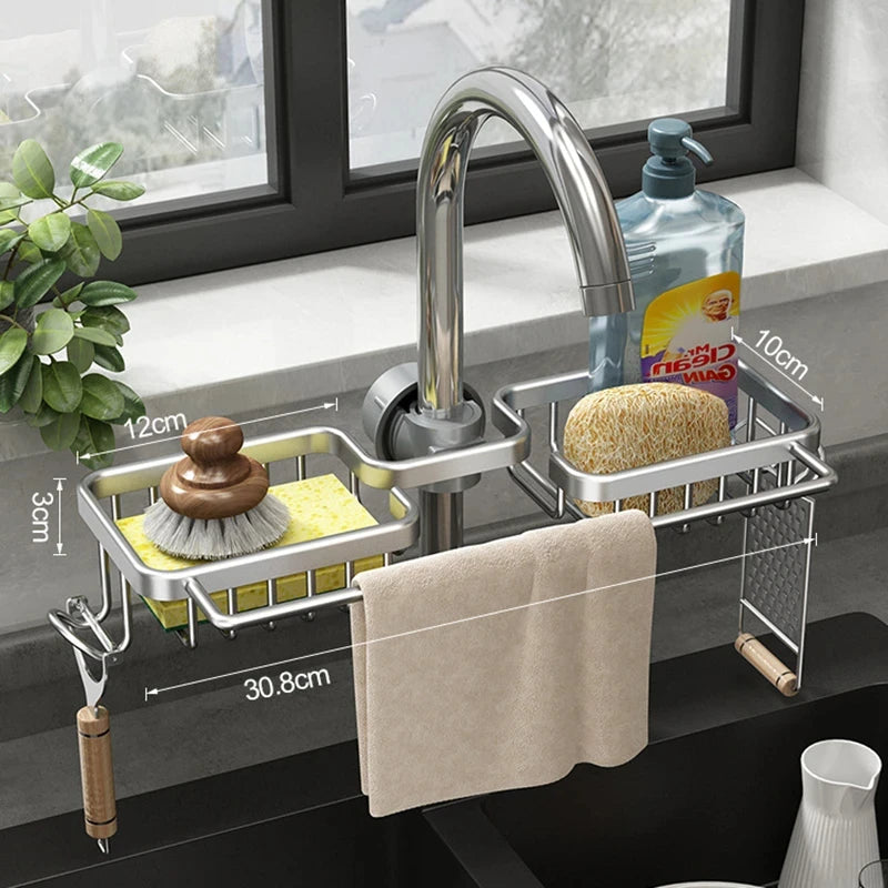 Kitchen Space Aluminum Sink Drain Rack Sponge Storage Faucet Holder Soap Drainer Shelf Basket Organizer Bathroom Accessories Clickngo24