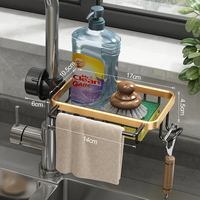 Kitchen Space Aluminum Sink Drain Rack Sponge Storage Faucet Holder Soap Drainer Shelf Basket Organizer Bathroom Accessories Clickngo24