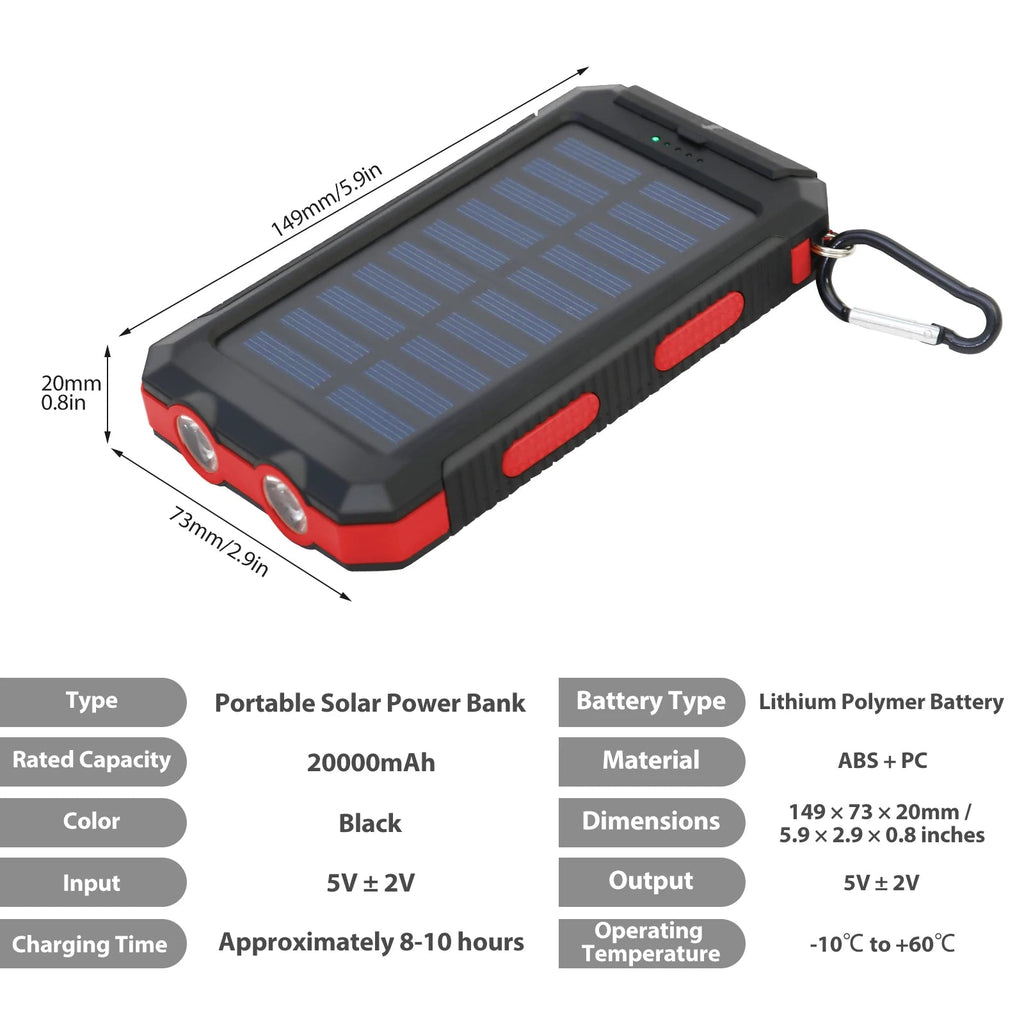 20000mAh Solar Charger for Outdoor Camping Waterproof Portable Power Bank with Dual 5V USB Ports LED Flashlight And Compass Clickngo24