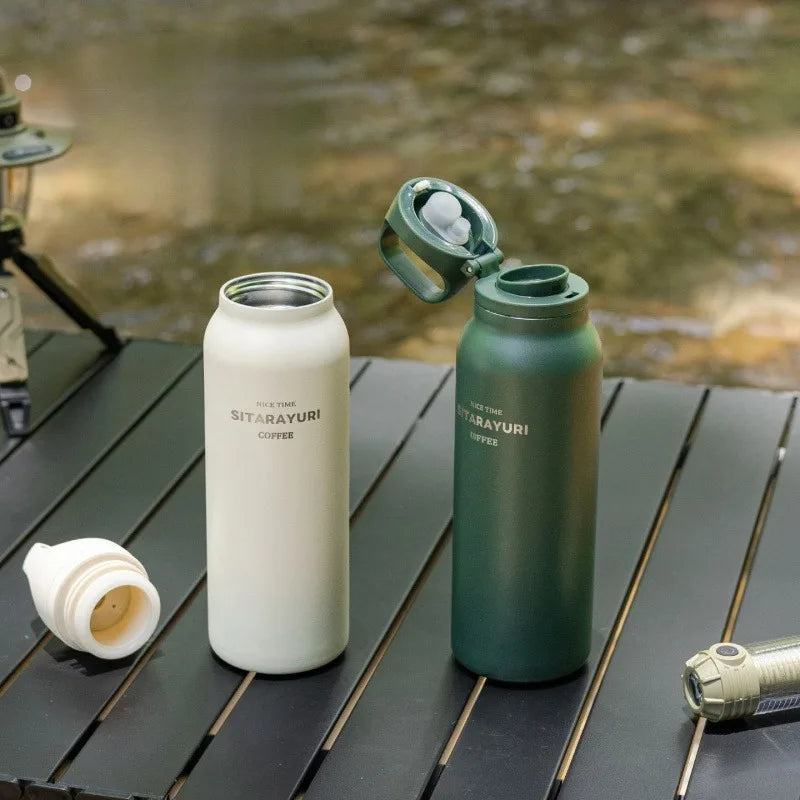 600ML Stainless Steel Vacuum Tumbler Insulated Water Bottle for Outdoor Camping Sports One Hand Open Cover Thermos Cup Eco-Friendly Clickngo24