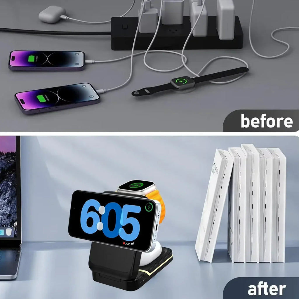 3 in 1 Magnetic Foldable Wireless Charger Stand for Magsafe iPhone 16/15/14/13/12 pro Apple Watch 2-9 SE Airpods pro - Travel Fast Charging Base Clickngo24
