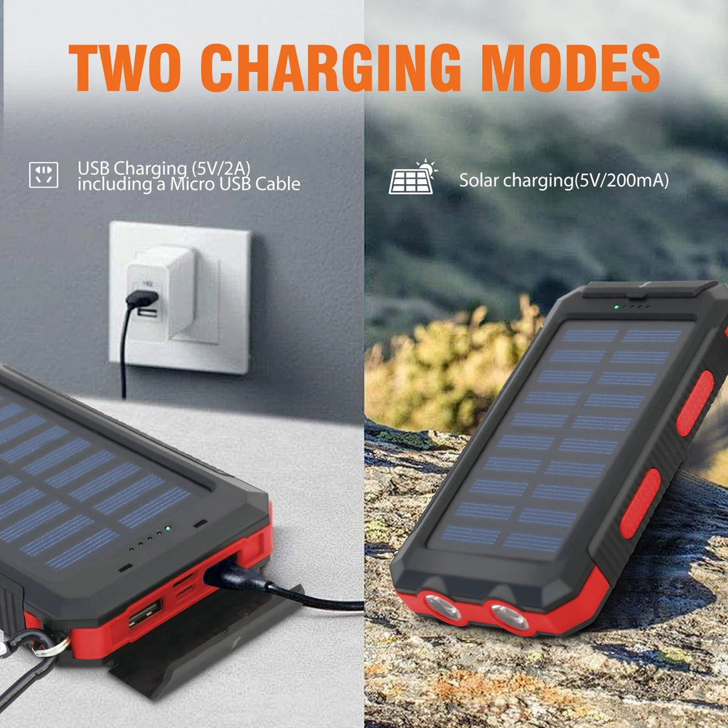 20000mAh Solar Charger for Outdoor Camping Waterproof Portable Power Bank with Dual 5V USB Ports LED Flashlight And Compass Clickngo24