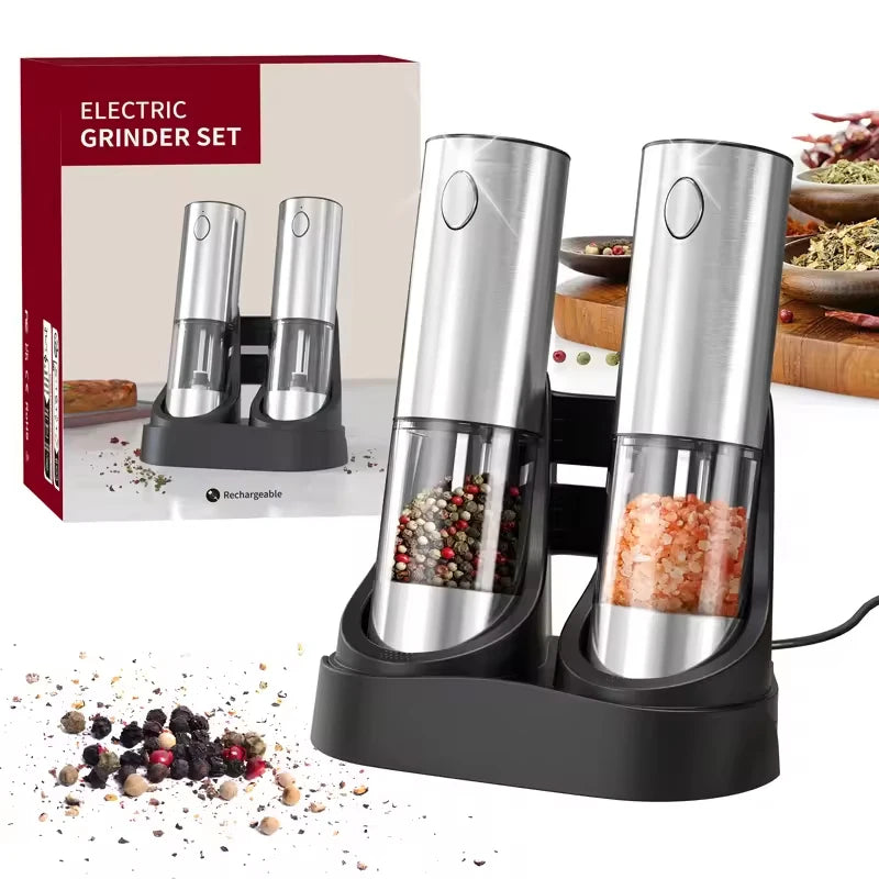 Electric Automatic Salt & Pepper Grinder 1/2 Pcs with Adjustable Spice Mill Storage Bins Kitchen Grinding Tool Clickngo24
