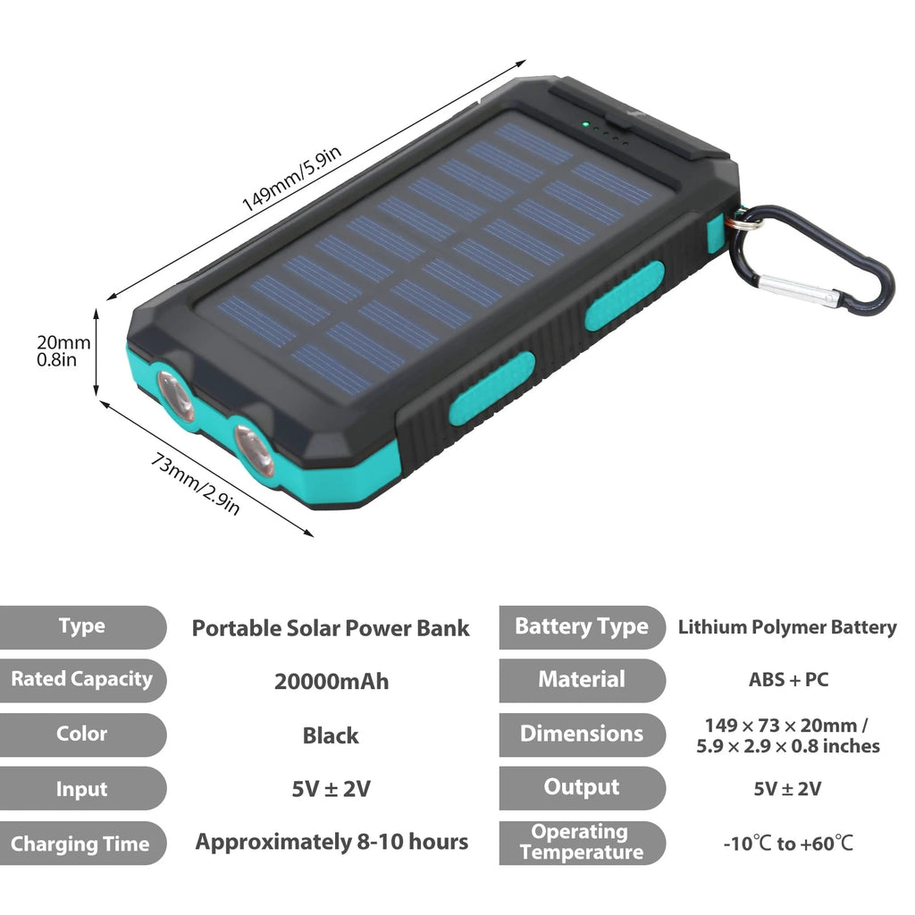 20000mAh Solar Charger for Outdoor Camping Waterproof Portable Power Bank with Dual 5V USB Ports LED Flashlight And Compass Clickngo24