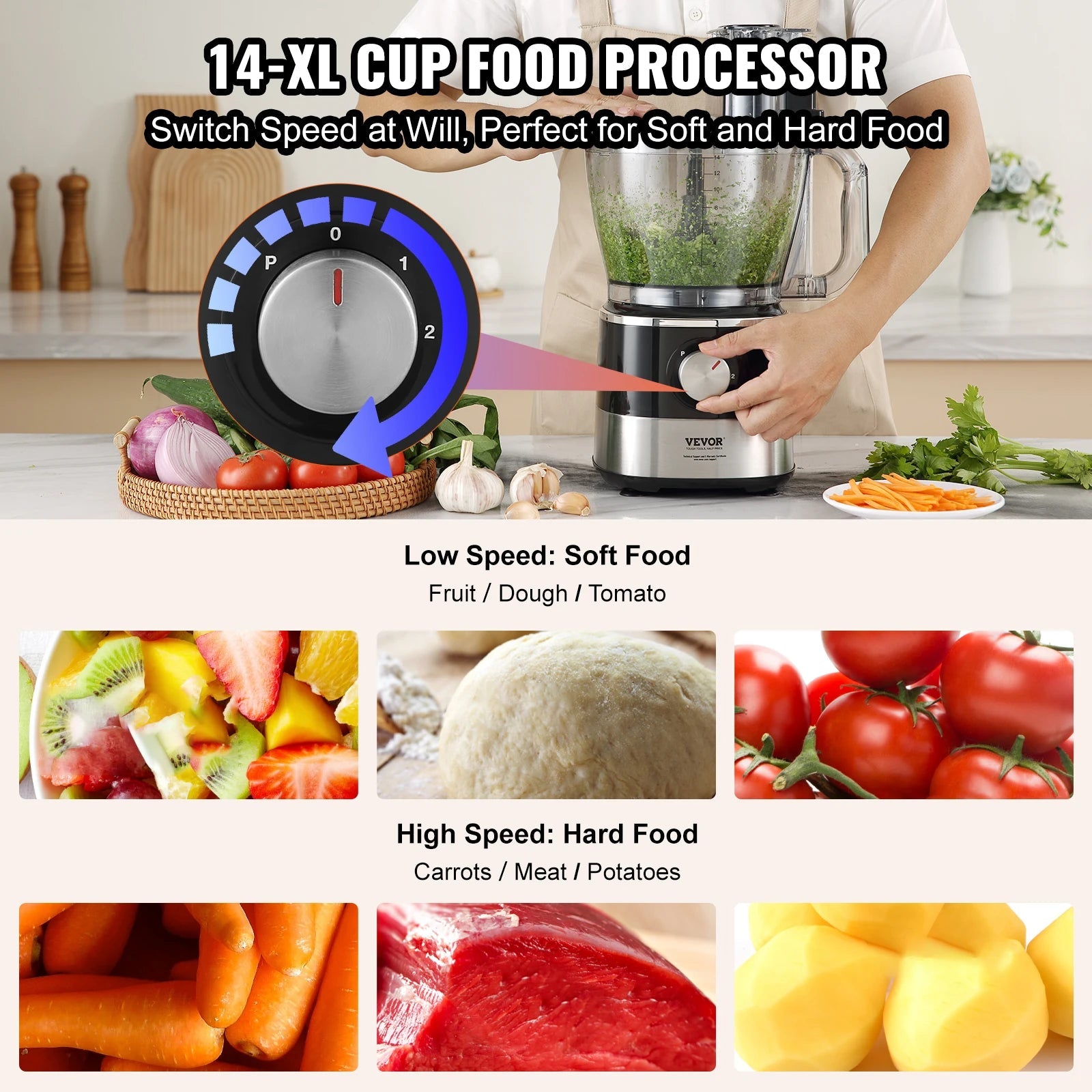 Professional VEVOR Food Processor 14-Cup Vegetable Chopper Stainless Steel Blade 600 Watts for Chopping Mixing Kneading Dough Clickngo24
