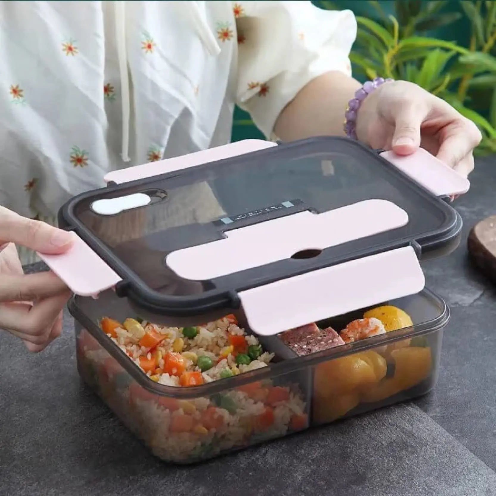 1500ml Portable Three Grid Lunch Box With Fork And Spoon Kids Students Adult Office Bento Box Microwave Food Storage Container Clickngo24