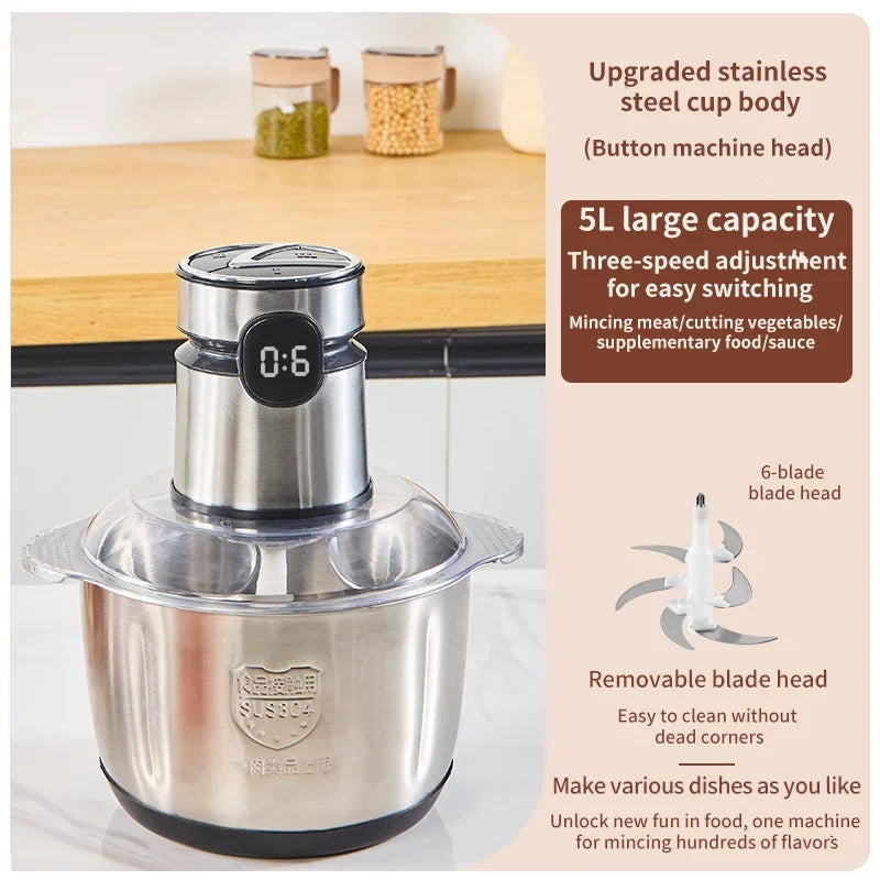 5L Electric Meat Grinder Multi-functional 304 Stainless Steel Food Processor Vegetable Chopper Baby Food Maker Eco-Friendly Clickngo24