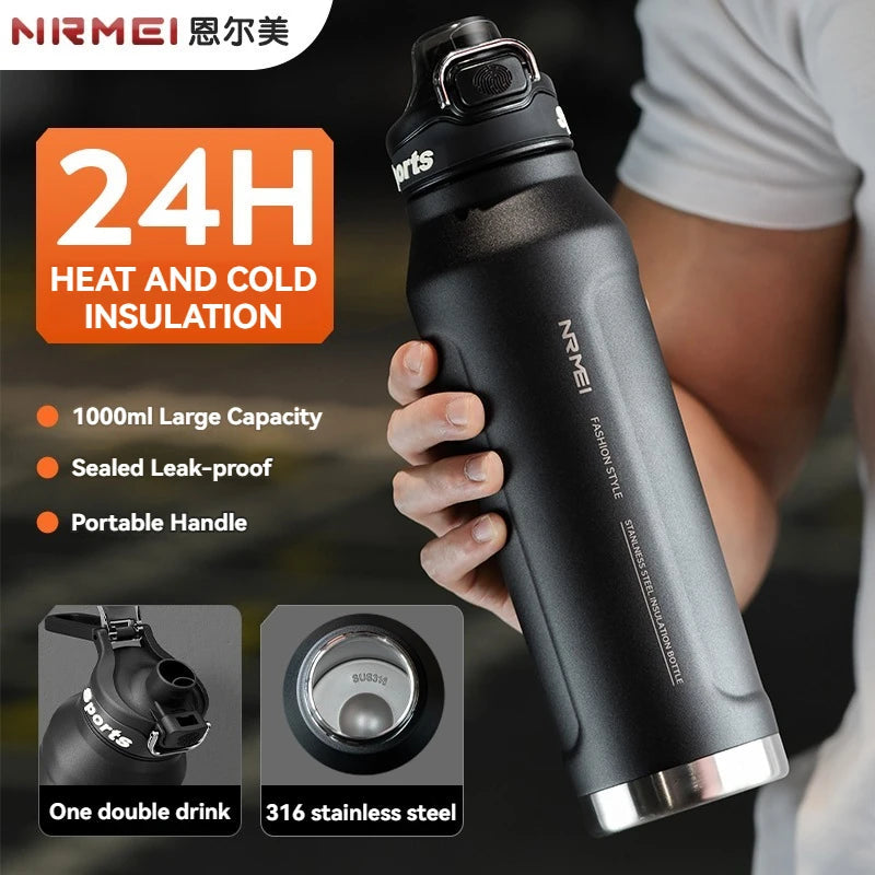 1L Stainless Steel Vacuum Flask Thermos Water Bottle with Straw Eco-Friendly Insulated Beverage Container for Gym Sport - Keeps Cold & Hot Clickngo24