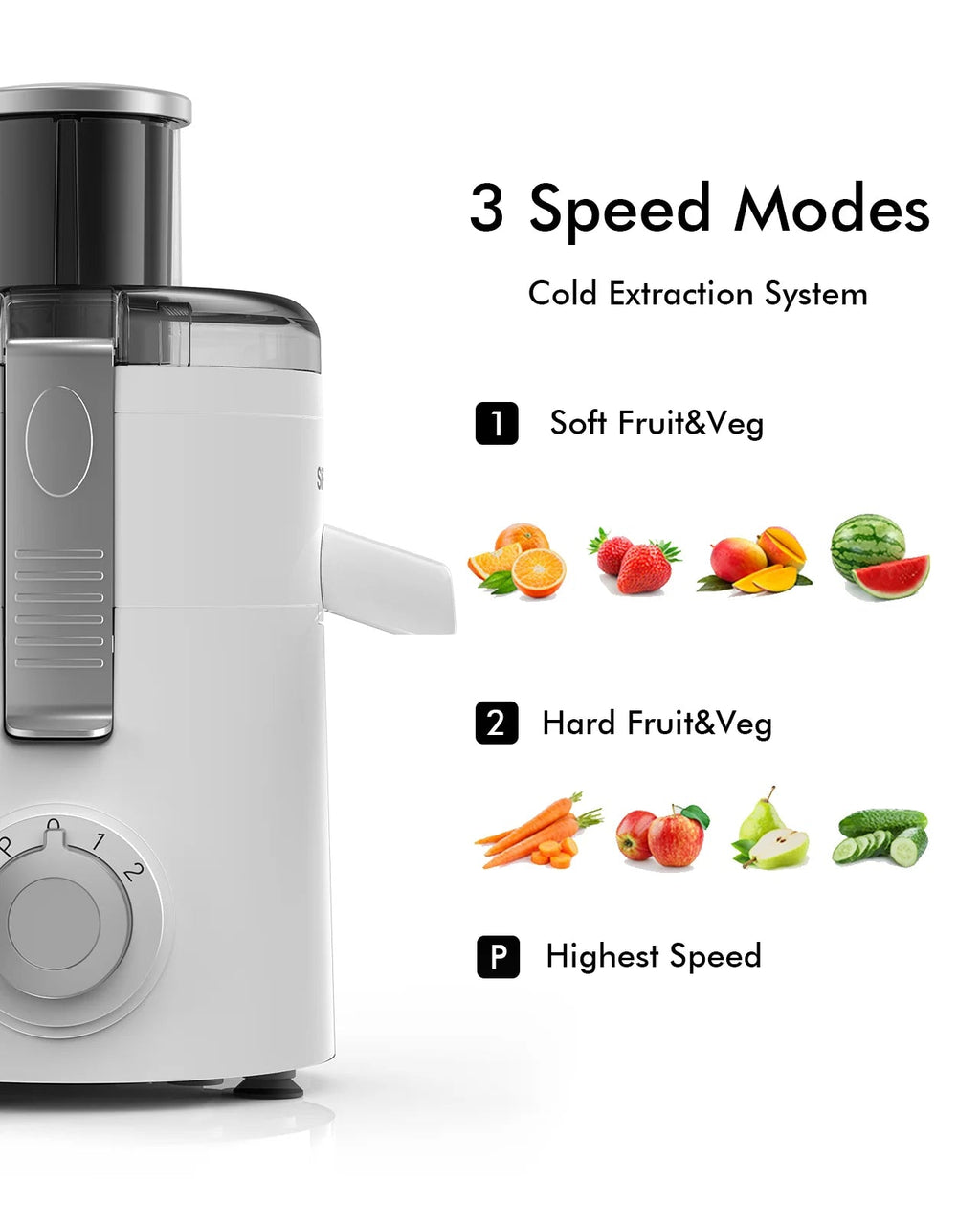 Centrifugal Juice Extractor Compact 3-Speed Fruit & Vegetable Juicer Easy-Clean User-Friendly White Stainless Steel Blade Clickngo24