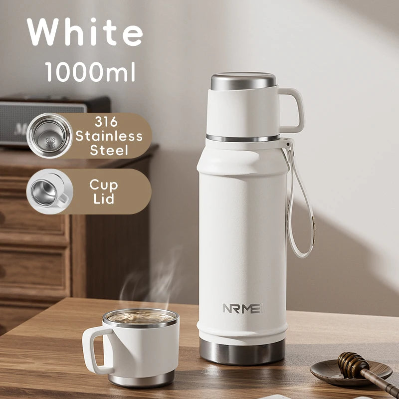 Stainless Steel Thermos Bottle with Tea Filter, Large Capacity Insulated Water Bottle,Color White Thermo Flasks Keep Hot for 12H Clickngo24