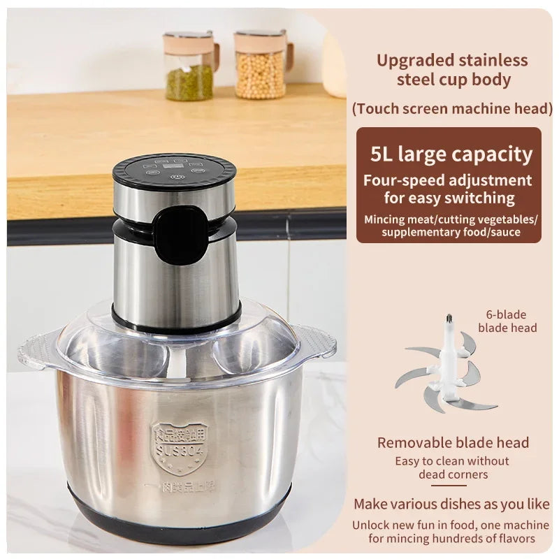 5L Electric Meat Grinder Multi-functional 304 Stainless Steel Food Processor Vegetable Chopper Baby Food Maker Eco-Friendly Clickngo24