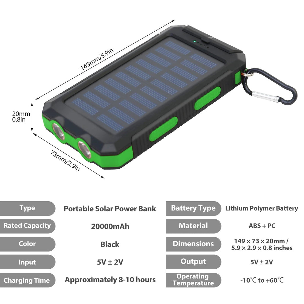 20000mAh Solar Charger for Outdoor Camping Waterproof Portable Power Bank with Dual 5V USB Ports LED Flashlight And Compass Clickngo24