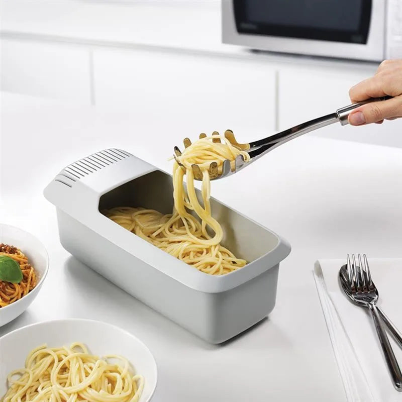 Eco-Friendly Plastic Microwave Noodles Pasta Cooker with Strainer Short and Eye-Catching Kitchen Gadget Set for Spaghetti and Vegetable Steaming Clickngo24