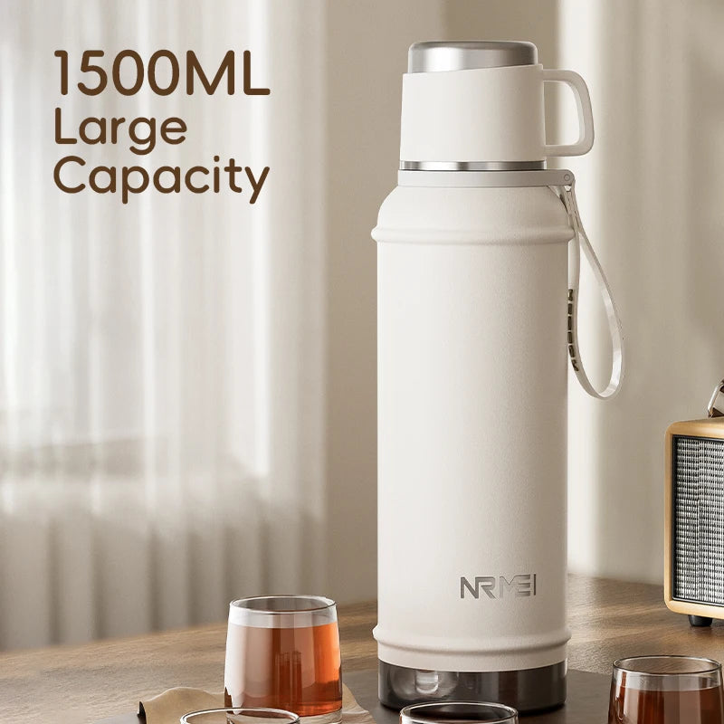 Stainless Steel Thermos Bottle with Tea Filter, Large Capacity Insulated Water Bottle,Color White Thermo Flasks Keep Hot for 12H Clickngo24