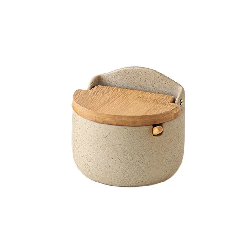 Japanese Style Ceramic Seasoning Jar with Bamboo Lid And Spoon Eco-Friendly Spice Storage Box Kitchen Sugar Salt Container Clickngo24