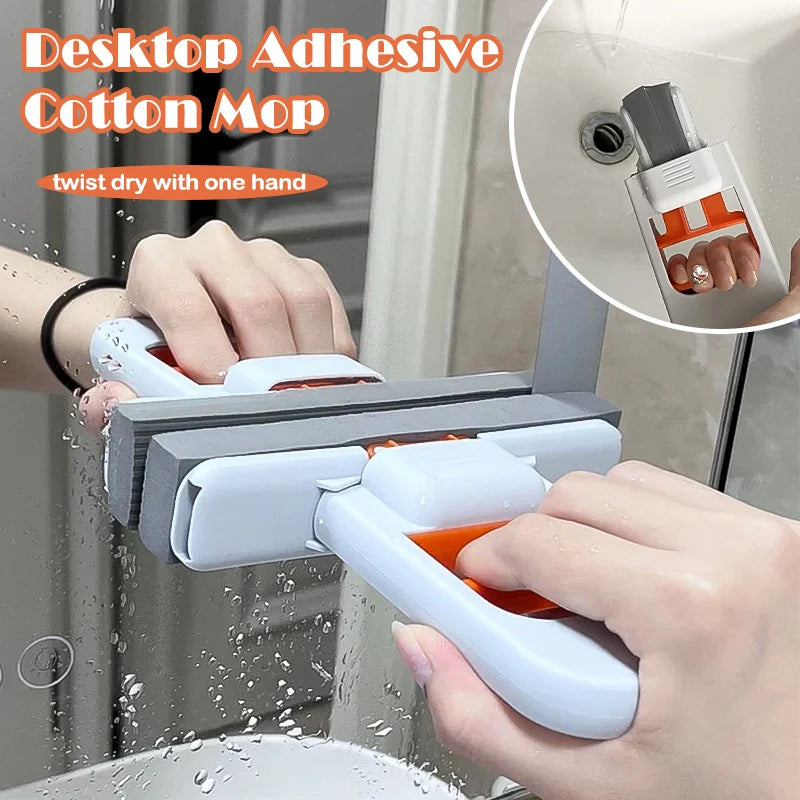 Mini Sponge Mop for Desktop Bathroom Kitchen - Hands-Free Folding Super Absorbent Small Mop with Cleaning Feature
