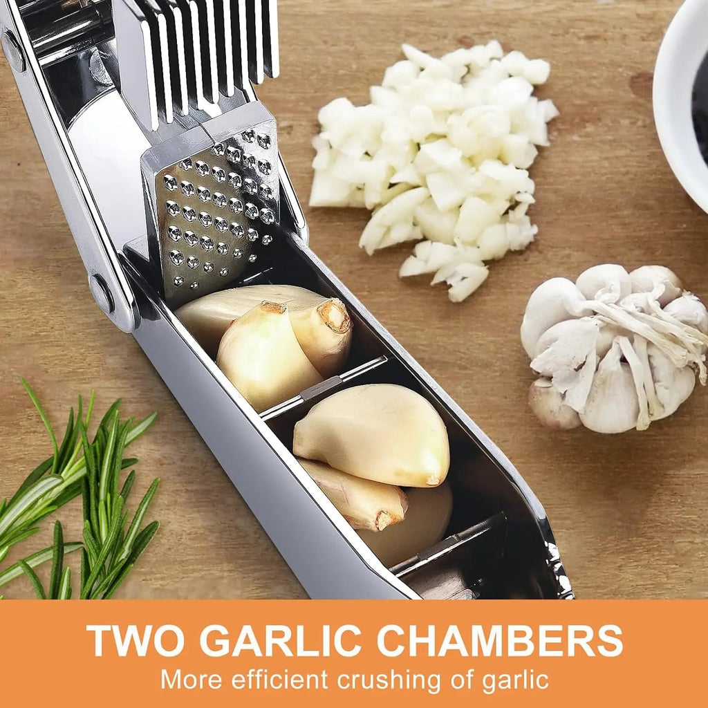 Stainless Steel Garlic Crusher 2-in-1 Minced Garlic & Slices Kitchen Tool Easy to Clean High Quality Extrusion Device for Cooking Clickngo24