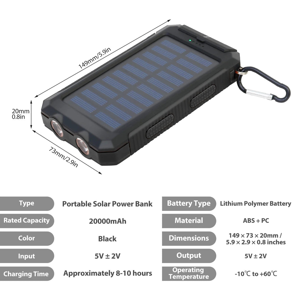 20000mAh Solar Charger for Outdoor Camping Waterproof Portable Power Bank with Dual 5V USB Ports LED Flashlight And Compass Clickngo24
