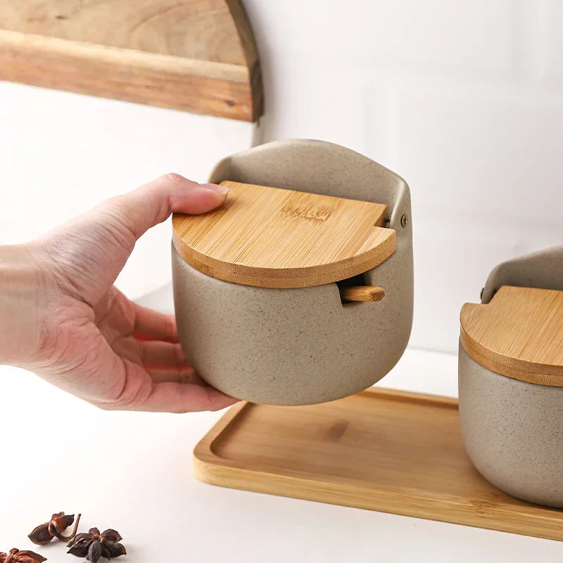 Japanese Style Ceramic Seasoning Jar with Bamboo Lid And Spoon Eco-Friendly Spice Storage Box Kitchen Sugar Salt Container Clickngo24