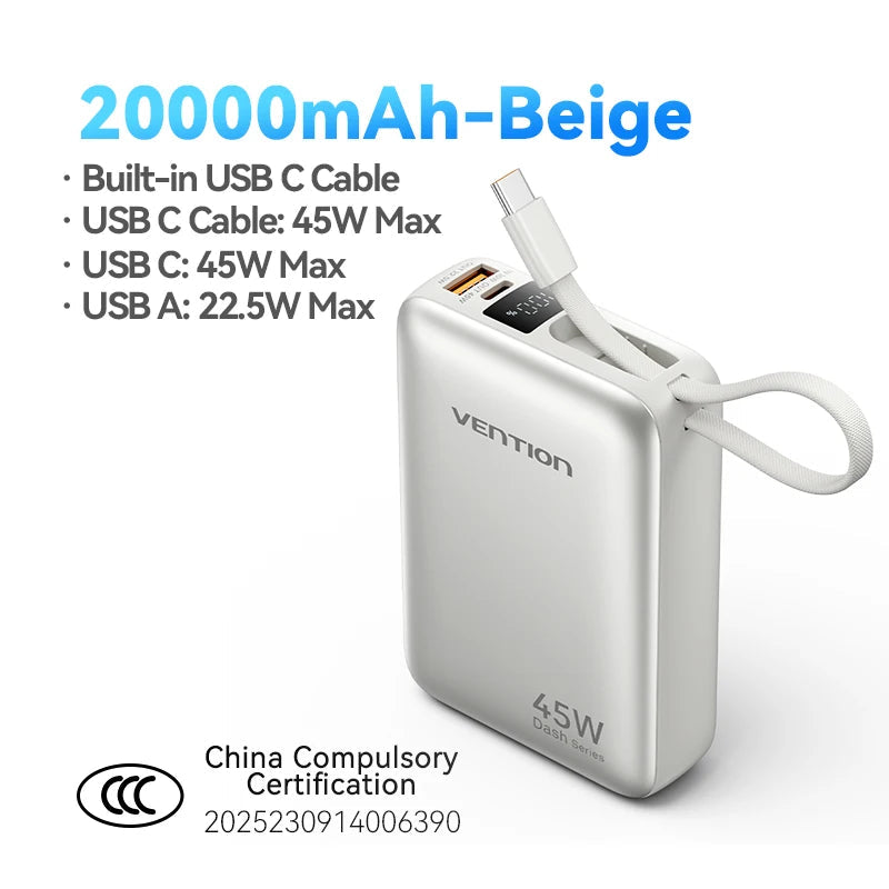 Vention CCC 45W 20000mAh Fast Charging Power Bank Portable Charger for iPhone pro Max Samsung Galaxy with Dual Quick Charge Clickngo24