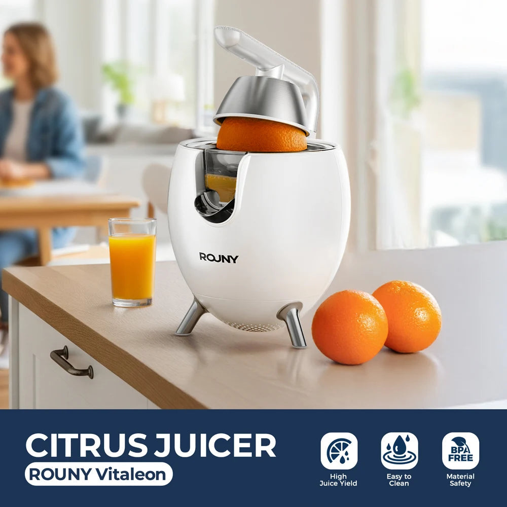 ROUNY 850W Electric Citrus Juicer Stainless Steel Orange Lemon Press Juicer White Spaceship Design with Automatic Pulp Ejection Clickngo24