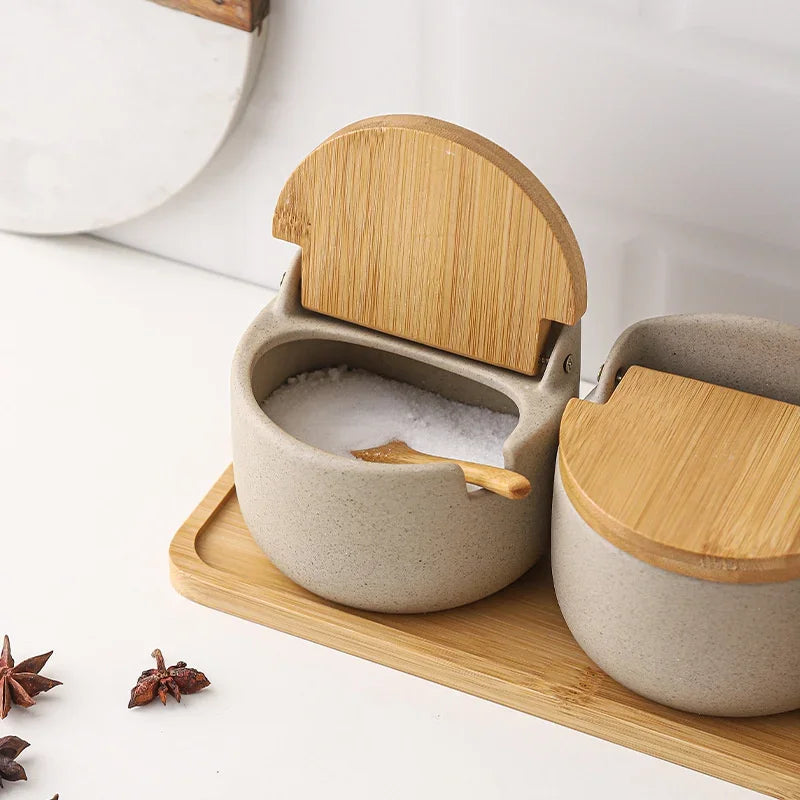 Japanese Style Ceramic Seasoning Jar with Bamboo Lid And Spoon Eco-Friendly Spice Storage Box Kitchen Sugar Salt Container Clickngo24