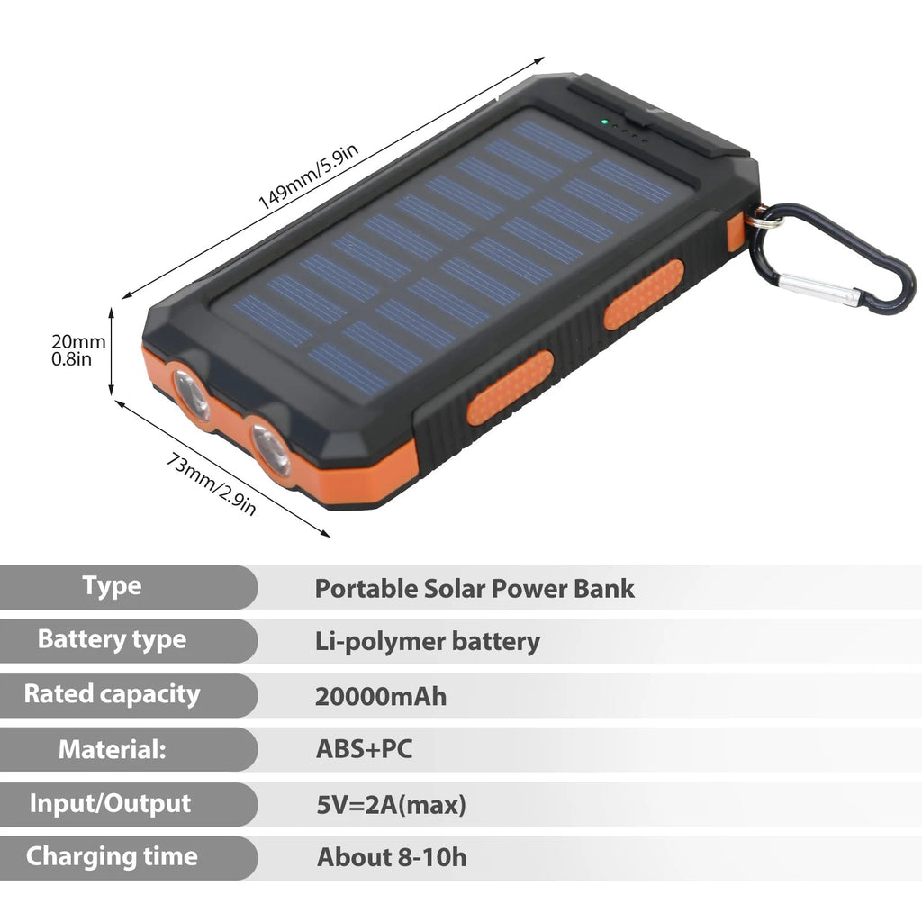 20000mAh Solar Charger for Outdoor Camping Waterproof Portable Power Bank with Dual 5V USB Ports LED Flashlight And Compass Clickngo24