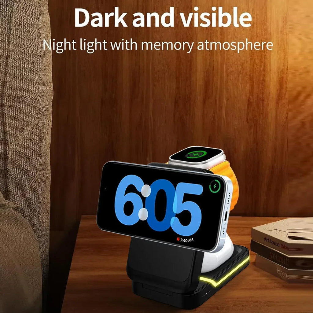 3 in 1 Magnetic Foldable Wireless Charger Stand for Magsafe iPhone 16/15/14/13/12 pro Apple Watch 2-9 SE Airpods pro - Travel Fast Charging Base Clickngo24