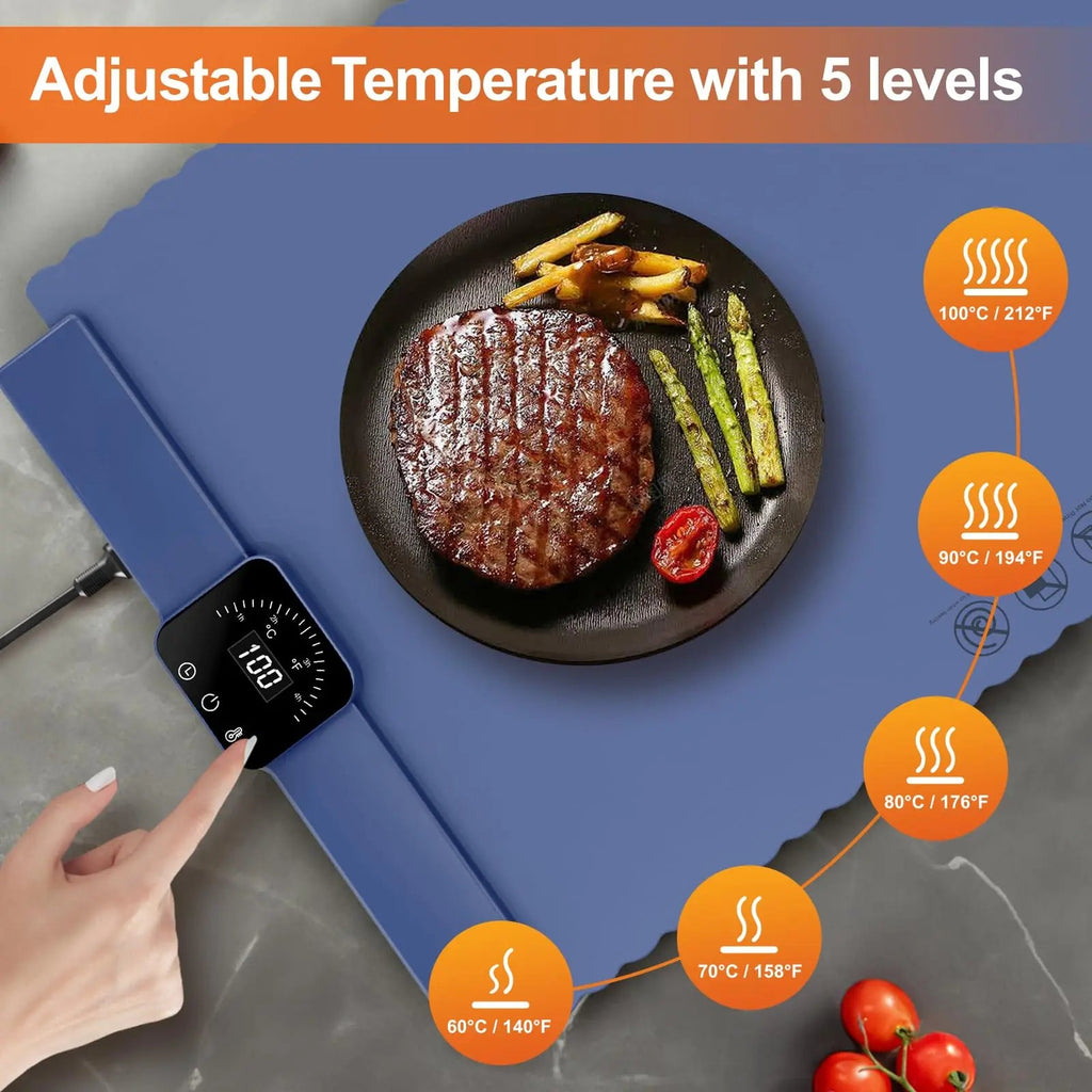 Portable Food Warming Mat with Auto-Off Timer and 5 Temperature Settings Quick Heating Pad for Cookware Parts Clickngo24