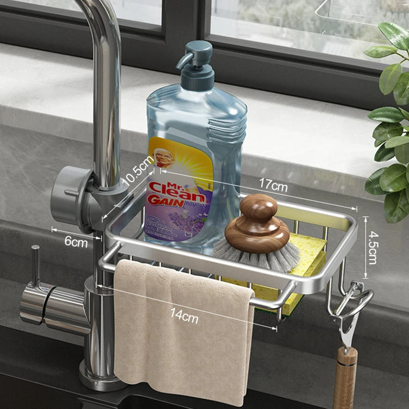 Kitchen Space Aluminum Sink Drain Rack Sponge Storage Faucet Holder Soap Drainer Shelf Basket Organizer Bathroom Accessories Clickngo24