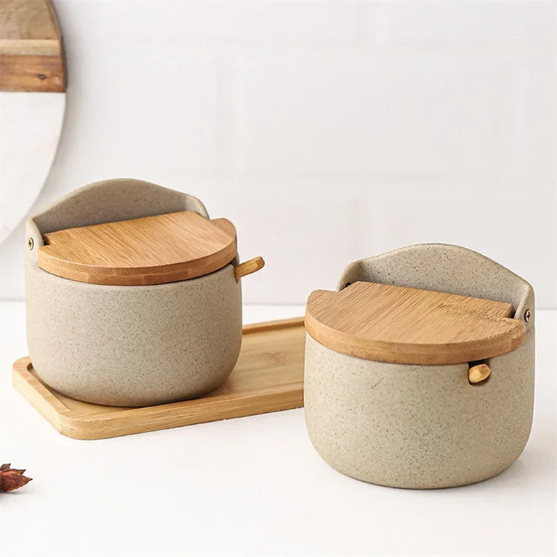 Japanese Style Ceramic Seasoning Jar with Bamboo Lid And Spoon Eco-Friendly Spice Storage Box Kitchen Sugar Salt Container Clickngo24
