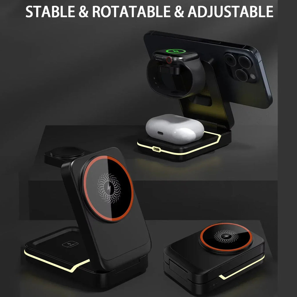 3 in 1 Magnetic Foldable Wireless Charger Stand for Magsafe iPhone 16/15/14/13/12 pro Apple Watch 2-9 SE Airpods pro - Travel Fast Charging Base Clickngo24