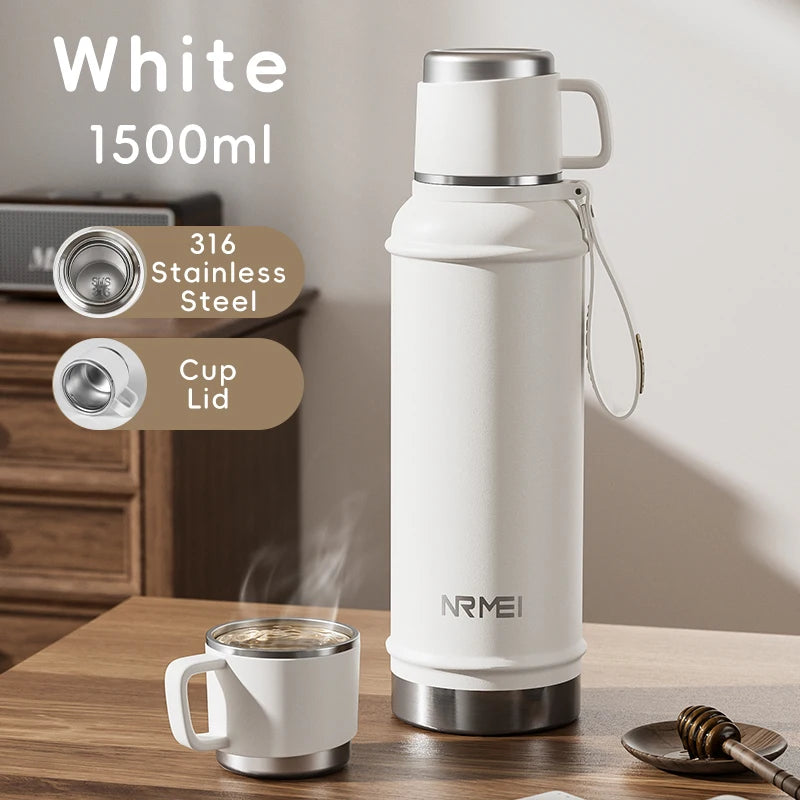 Stainless Steel Thermos Bottle with Tea Filter, Large Capacity Insulated Water Bottle,Color White Thermo Flasks Keep Hot for 12H Clickngo24