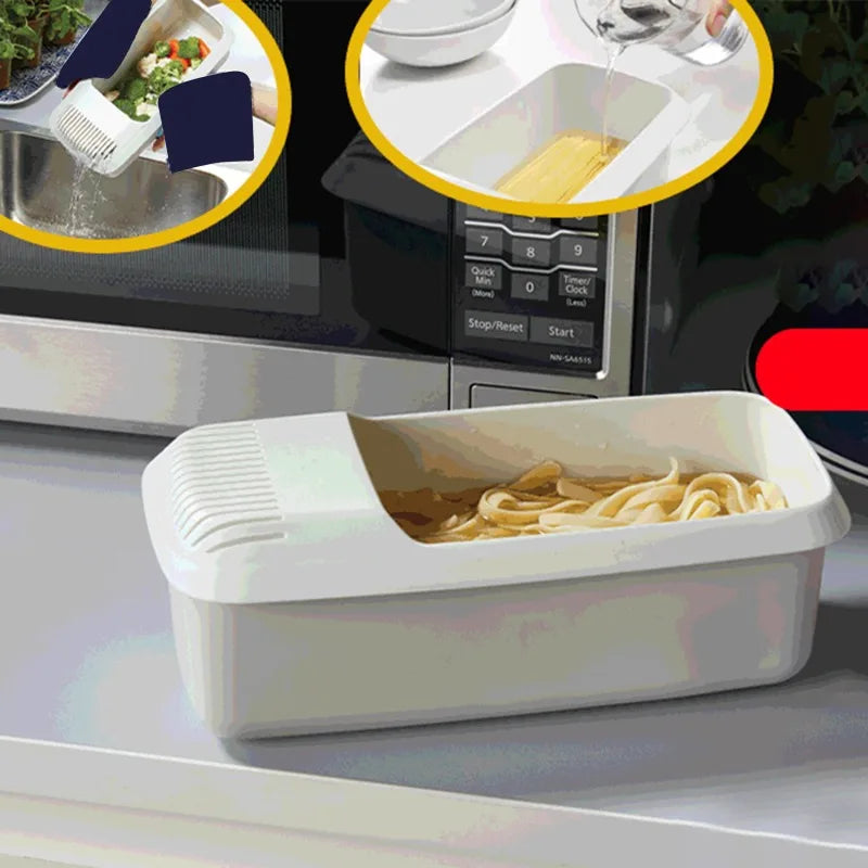 Eco-Friendly Plastic Microwave Noodles Pasta Cooker with Strainer Short and Eye-Catching Kitchen Gadget Set for Spaghetti and Vegetable Steaming Clickngo24