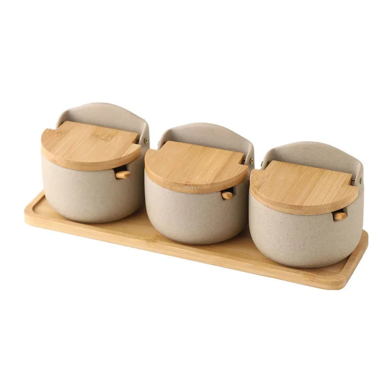 Japanese Style Ceramic Seasoning Jar with Bamboo Lid And Spoon Eco-Friendly Spice Storage Box Kitchen Sugar Salt Container Clickngo24